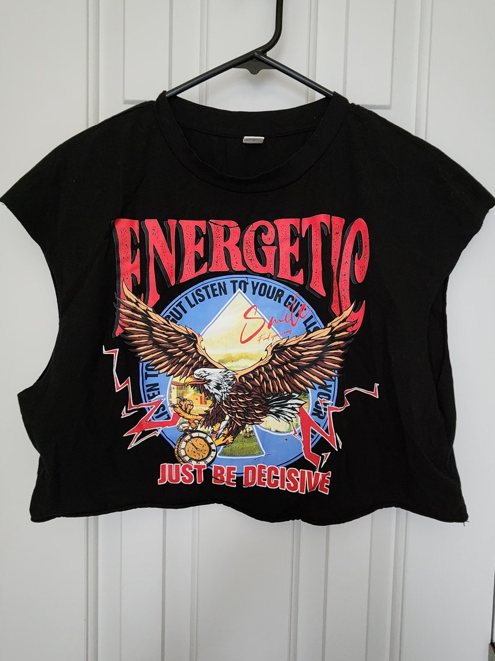 ENERGETIC Eagle Graphic Cropped Tee - Black with Red & Blue Print Medium
